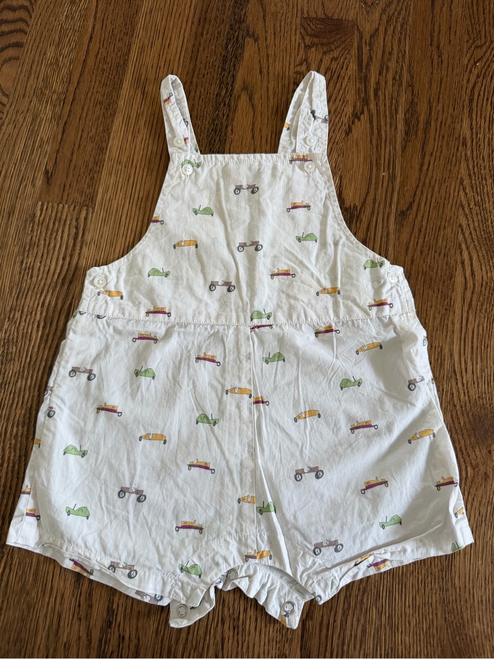 White Toddler Car-Print Cotton Shortall Romper